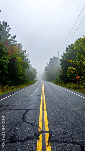 A winding asphalt road disappears into the misty horizon, flanked by colorful trees during a foggy autumn day