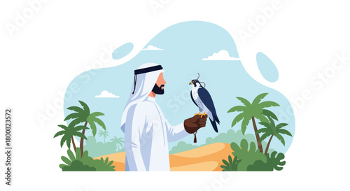 Flat vector Middle Eastern falconer holding trained falcon in desert landscape. Solid earthy colors, clean shapes, no gradients, cultural wildlife tradition illustration