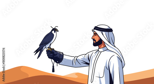 Flat vector Middle Eastern falconer holding trained falcon in desert landscape. Solid earthy colors, clean shapes, no gradients, cultural wildlife tradition illustration