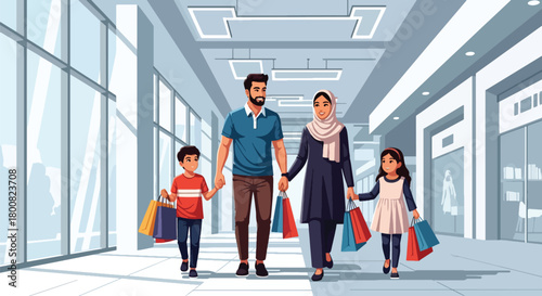 Flat vector Middle Eastern family walking inside modern shopping mall with bags in hand. Solid bright palette, no gradients, cultural family lifestyle illustration