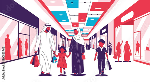 Flat vector Middle Eastern family walking inside modern shopping mall with bags in hand. Solid bright palette, no gradients, cultural family lifestyle illustration