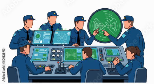 Flat vector group of faceless submarine crew working together in control room, surrounded by monitors, levers, and sonar displays