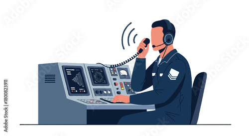 Flat vector faceless submarine communication officer using headset and microphone, sitting beside communication console, wearing navy jumpsuit