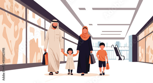 Flat vector Middle Eastern family walking inside modern shopping mall with bags in hand. Solid bright palette, no gradients, cultural family lifestyle illustration