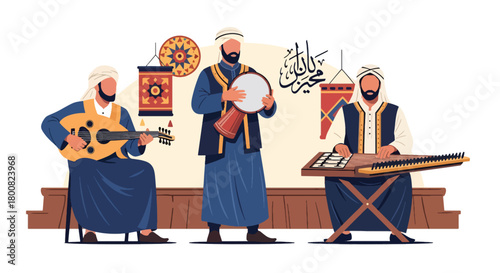 Flat vector musicians playing oud, qanun, and darbuka on decorated stage. Solid tones, no gradients, cultural Middle Eastern music lifestyle illustration
