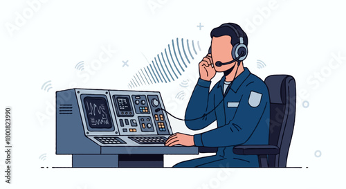 Flat vector faceless submarine communication officer using headset and microphone, sitting beside communication console, wearing navy jumpsuit