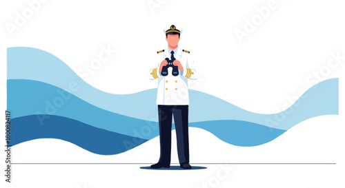 Flat vector faceless ship captain standing confidently on deck, wearing white captain uniform, hat, and shoulder stripes, holding binoculars
