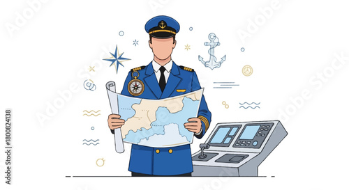 Flat vector faceless ship navigator holding map and compass, wearing uniform and cap, standing near ship console
