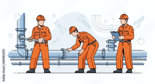 Flat vector faceless submarine crew tightening bolts and inspecting pipes, wearing safety helmet and jumpsuit