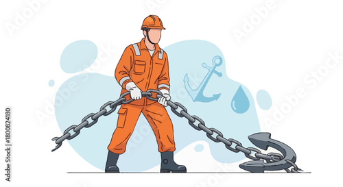 Flat vector  faceless deck crew operating anchor chain, wearing orange PPE and boots