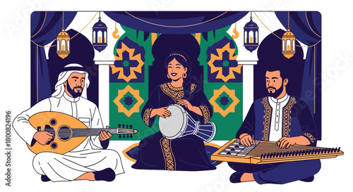 Flat vector musicians playing oud, qanun, and darbuka on decorated stage. Solid tones, no gradients, cultural Middle Eastern music lifestyle illustration