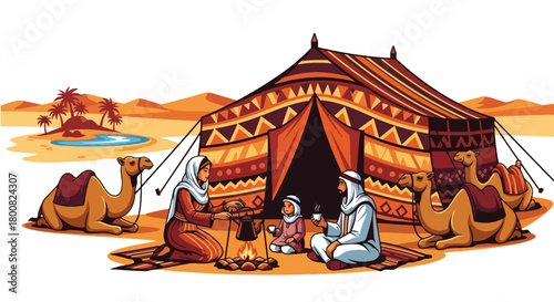 Flat vector nomadic family making tea outside traditional desert tent with camels resting nearby. Solid earthy colors, no gradients, cultural desert lifestyle illustration