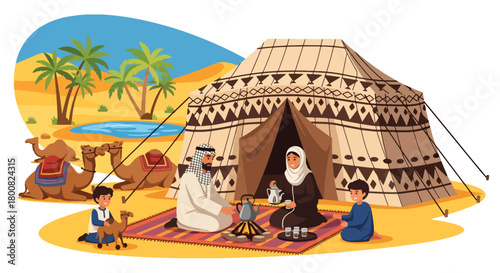 Flat vector nomadic family making tea outside traditional desert tent with camels resting nearby. Solid earthy colors, no gradients, cultural desert lifestyle illustration