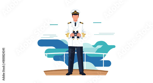 Flat vector faceless ship captain standing confidently on deck, wearing white captain uniform, hat, and shoulder stripes, holding binoculars