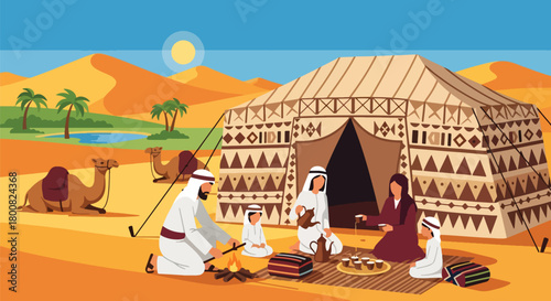 Flat vector nomadic family making tea outside traditional desert tent with camels resting nearby. Solid earthy colors, no gradients, cultural desert lifestyle illustration