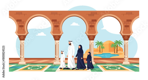 Flat vector people walking across mosque courtyard with arches, domes, and decorated tiles. Solid soft colors, no gradients, peaceful Middle Eastern lifestyle scene