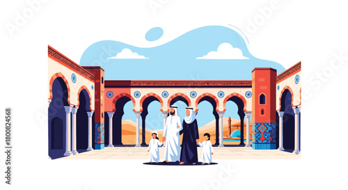 Flat vector people walking across mosque courtyard with arches, domes, and decorated tiles. Solid soft colors, no gradients, peaceful Middle Eastern lifestyle scene