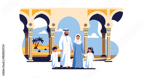 Flat vector people walking across mosque courtyard with arches, domes, and decorated tiles. Solid soft colors, no gradients, peaceful Middle Eastern lifestyle scene