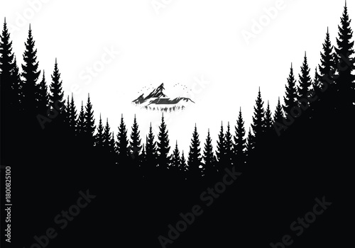 Mountain landscape with pine tree forest silhouette, nature scenery vector illustration, wilderness adventure design, outdoor exploration concept for travel, hiking, and camping themes