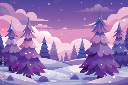 A serene winter landscape featuring purple coniferous trees against a pink sky