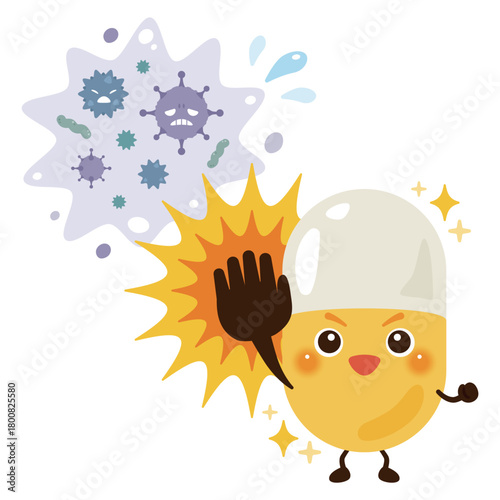 病気を治療するカプセル薬のキャラクターイラスト／Educational Capsule Medicine Character Illustrations Depicting Treatment of Illness