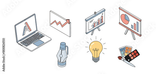 Isometric illustration of business and design elements on black background