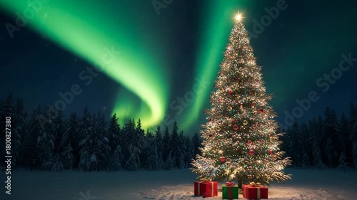 Decorated christmas tree under the aurora borealis in a snowy forest gifts at its base