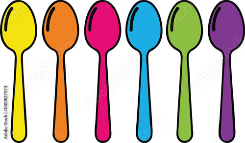 Six brightly colored spoons in a row yellow orange pink blue green purple plain background isolated
