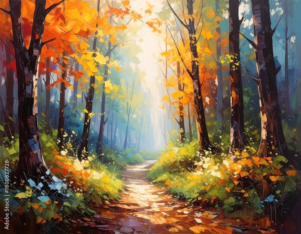 Naklejka premium A picturesque forest path ablaze with autumnal colors and soft light