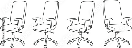 Office chair vector illustration set in minimal line art style, ergonomic furniture design for workspace, interior, business, and corporate office equipment concept