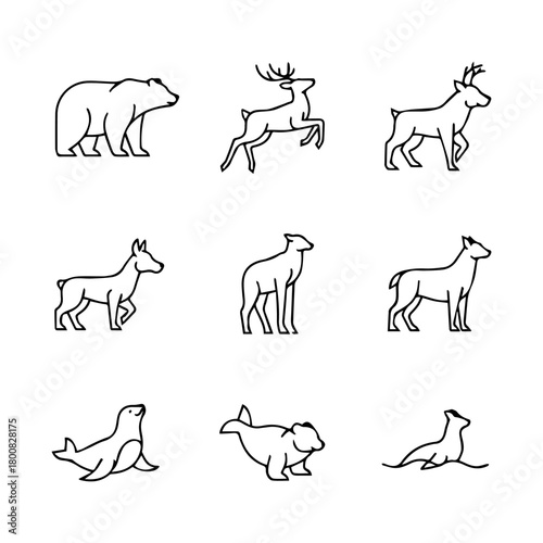 Nine black outline animals bear reindeer deer dog goat dingo seal walrus sea lion