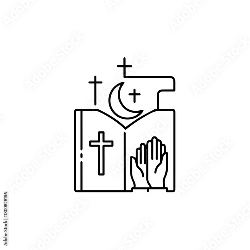 Open book with Christian crosses a crescent moon and hands in prayer