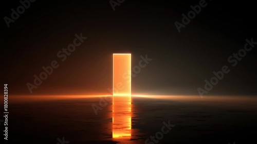 glowing door frame standing in darkness, surreal minimal clean composition