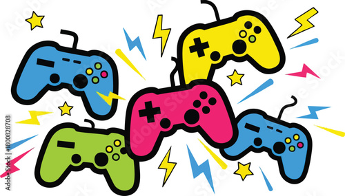 Vibrant Collection Of Gaming Controllers With Lightning Bolts And Stars In A Playful Arrangement
