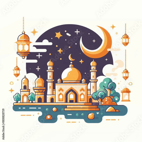 Mosque illustration with crescent moon hanging lanterns and nighttime sky backdrop