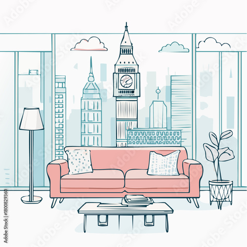 Illustration of a pink sofa with pillows in a London office interior with a cityscape view through large windows, featuring Big Ben and a modern skyline in a stylized line drawing style