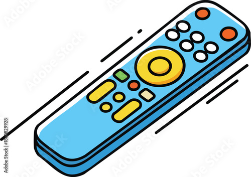 A Blue Remote Control with Yellow Buttons and Orange Accents in Motion