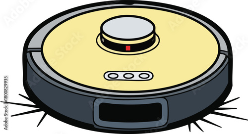 Round robotic vacuum cleaner with yellow top and black base on white background cleaning technology