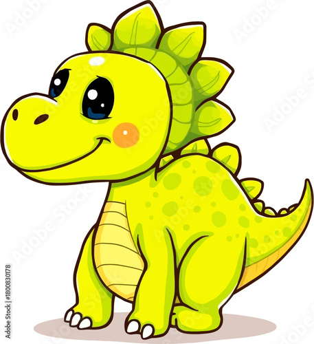 A charming cartoon illustration depicts a friendly, smiling, green stegosaurus with vibrant details, perfect for children's designs and educational materials.