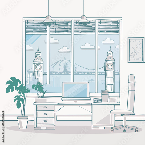 Illustration of a modern London office workspace with a computer, chair, and plant, featuring a scenic view of the city through large windows.