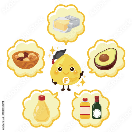 様々な脂質を多く含む食品と脂質のキャラクターイラストセット／Character Illustration Set Featuring Fat - Rich Foods and Fat Molecules
