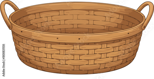 Wicker basket illustration, oval basket with handles, woven texture, rustic container, storage clipart, traditional craftsmanship, household item, cartoon basket artwork, decor element