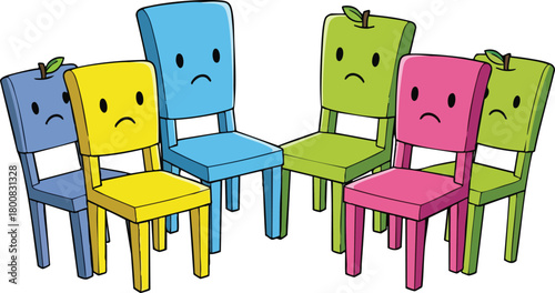 Sad Cartoon Chairs Arranged In A Circle Against White Background