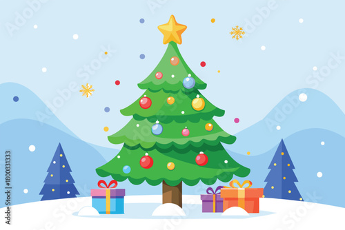 A cheerfully decorated christmas tree stands amidst a snowy winter wonderland scene