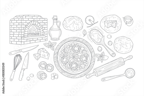Hand-drawn pizza ingredients and oven