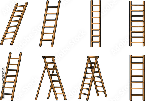 Wooden ladder illustration, cartoon ladder set, step ladder, leaning ladder, upright ladder, tool clipart, construction equipment, home repair icon, DIY element