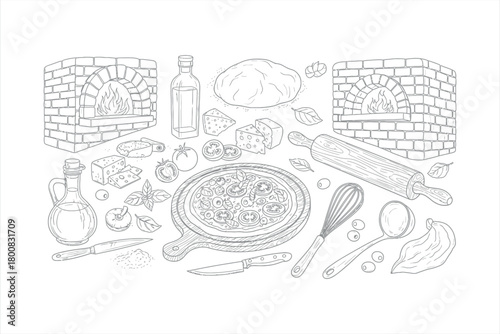 Pizza Ingredients Line Art