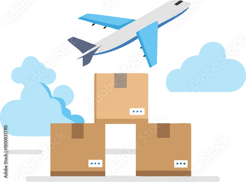 An airplane is flying above stacked cardboard boxes and fluffy white clouds