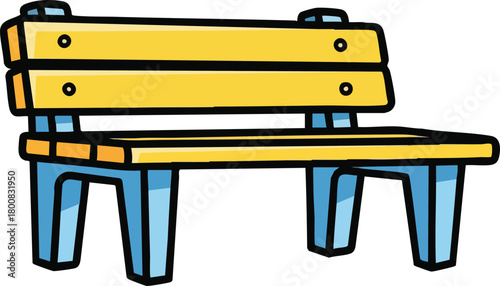 Yellow Wooden Park Bench With Blue Legs And Black Outline On White Background