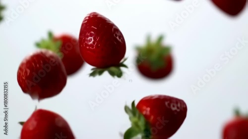 Fresh and vibrant strawberries falling in slow motion against a bright background, capturing their